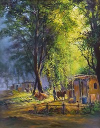 Hanif Shahzad, Village Life II, 27 x 36 Inch, Oil on Canvas, Cityscape Painting, AC-HNS-080